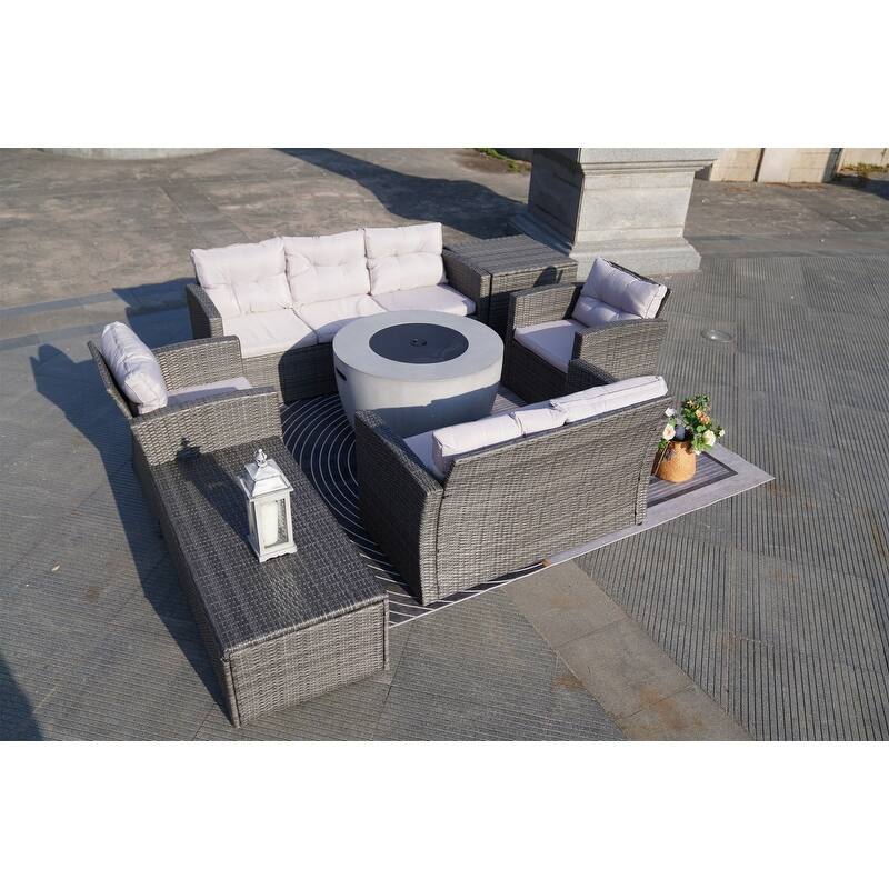 7-Piece Outdoor Wicker Conversation Sofa Set with Fire Pit