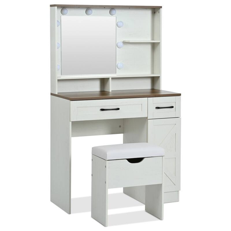 Farmhouse Makeup Vanity Desk with Lights, Stool & Storage - 3 Lighting Modes, White