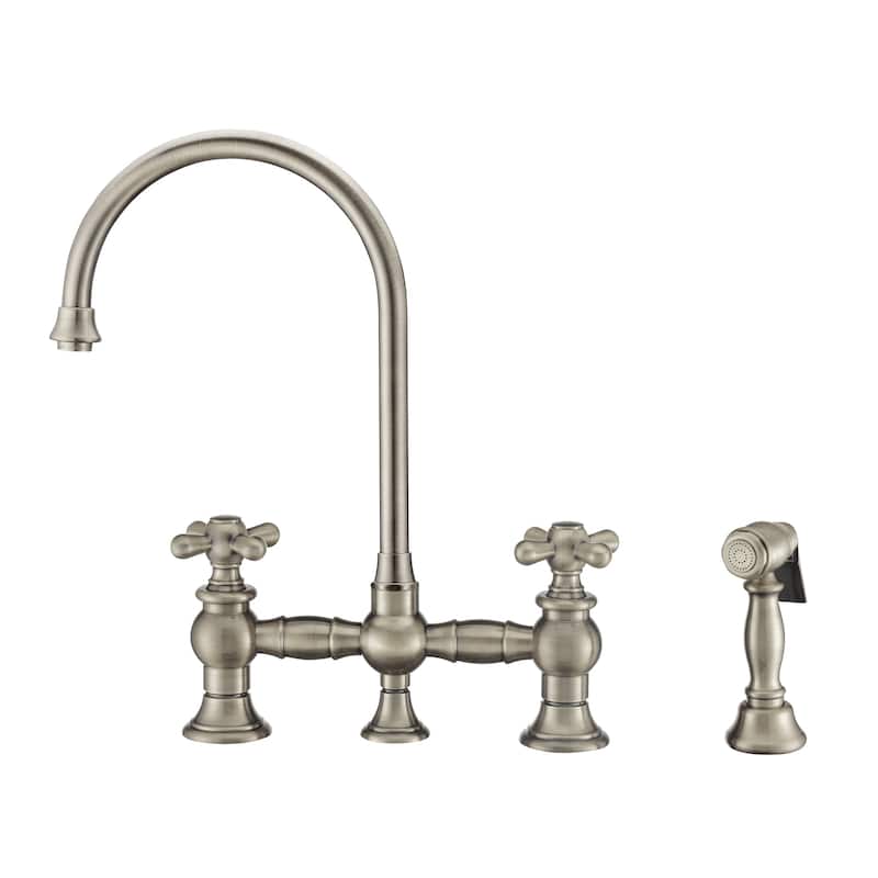 Vintage III Plus Bridge Faucet with Gooseneck Swivel Spout, Cross Handles and Solid Metal Side Spray - Brushed Nickel