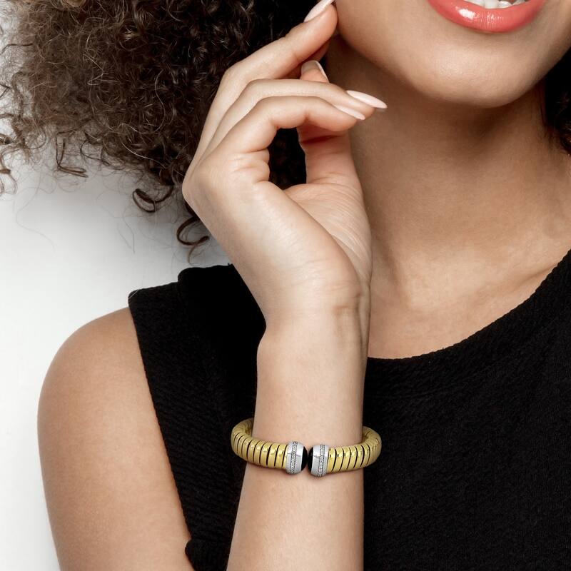 Miadora 1/4ct TGW Cubic Zirconia Black Onyx Omega Stretch Bangle Two-Tone Sterling Silver