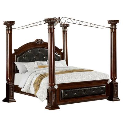 Queen Canopy Bed with Leatherette Headboard and Footboard, Black and Brown