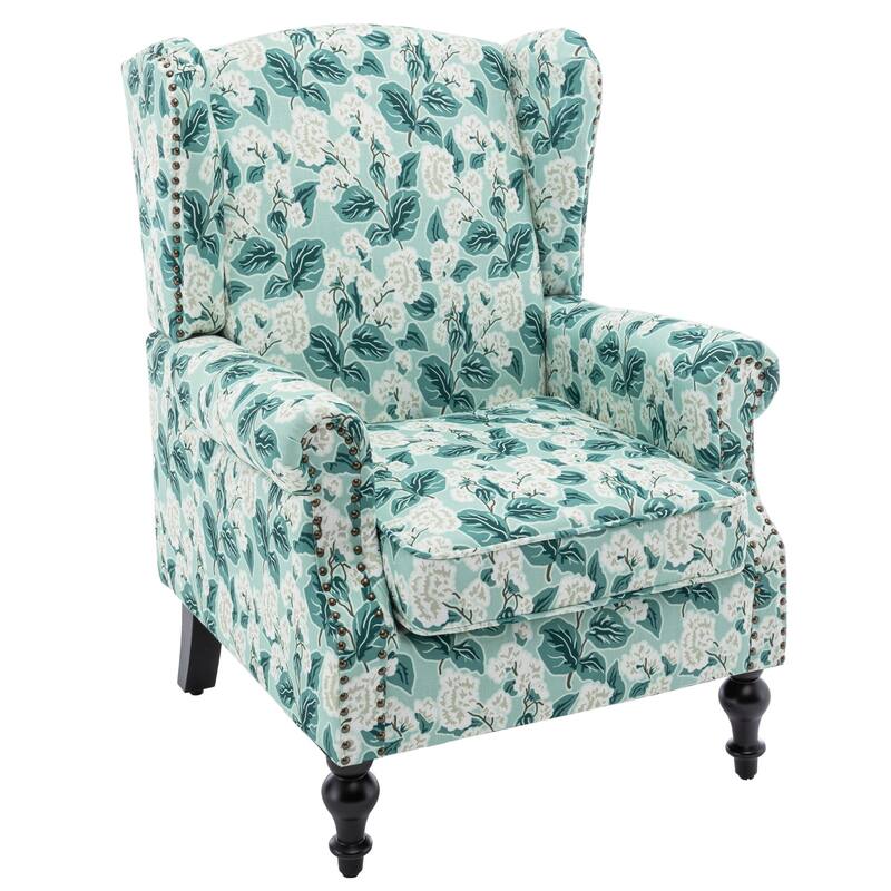 HOMYKA 29'' Wide Floral Pattern Wingback Accent Armchair with Nailhead Trim - White & Green Floral
