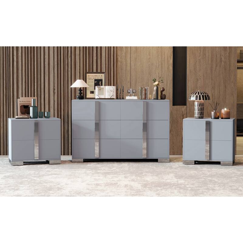 3-Pieces Sets, Elegant 6 Drawers Dresser And Two Nightstands, Storage Cabinet And Bedside Table With Metal Handles