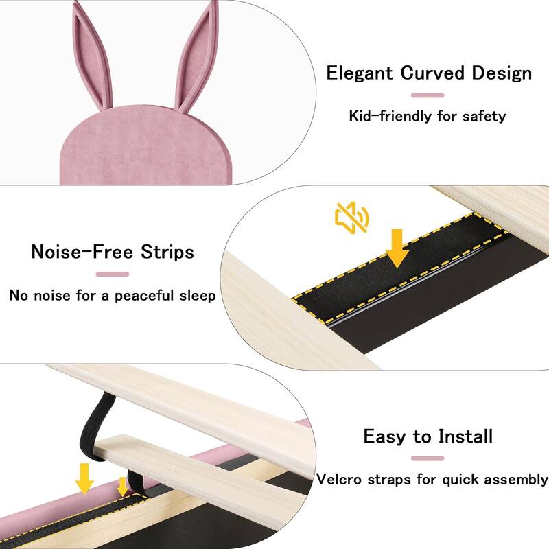 VECELO Wooden Cute Rabbit Twin Bed Frame with Upholstered Headboard, Kids Bed Frame