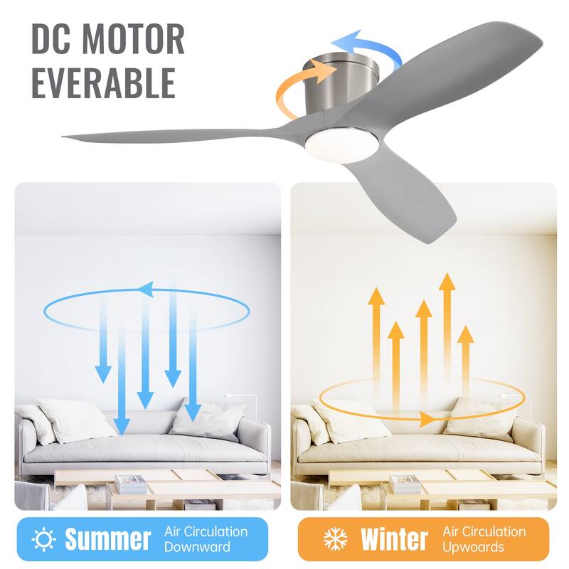52 Inch Flush Mount Ceiling Fan with Dimmable Led Light 3 ABS Fan Blades - Brushed Nickel