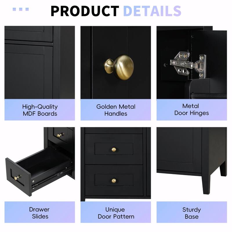 Bathroom Vanity with Sink, Modern MDF and Rubberwood Cabinet with 3 Drawers and Adjustable Shelf