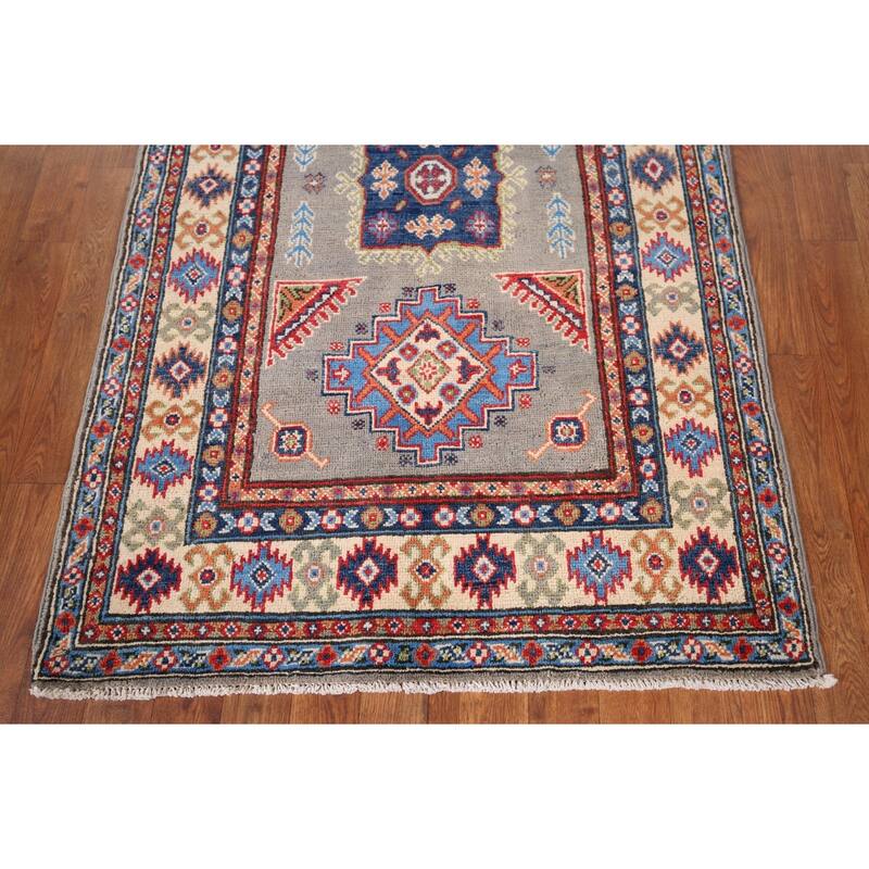 Geometric Kazak Accent Rug Hand-Knotted Traditional Wool Carpet - 3'2" x 5'0"