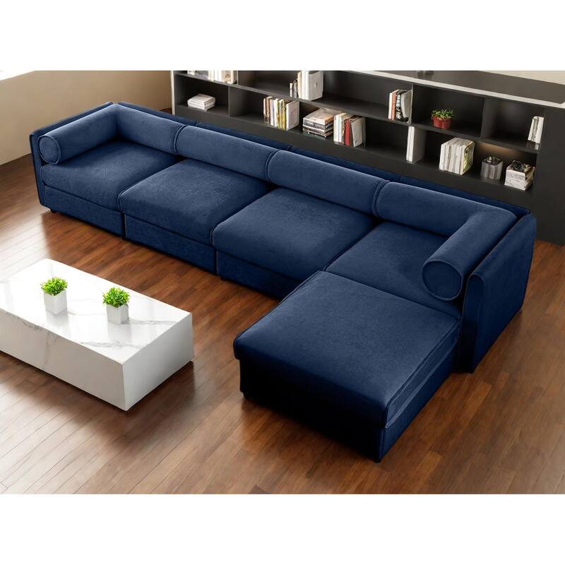142.5" Chenille Upholstered L-Shaped Modular Sectional Sofa with Storage Seat, DIY Combination - Blue