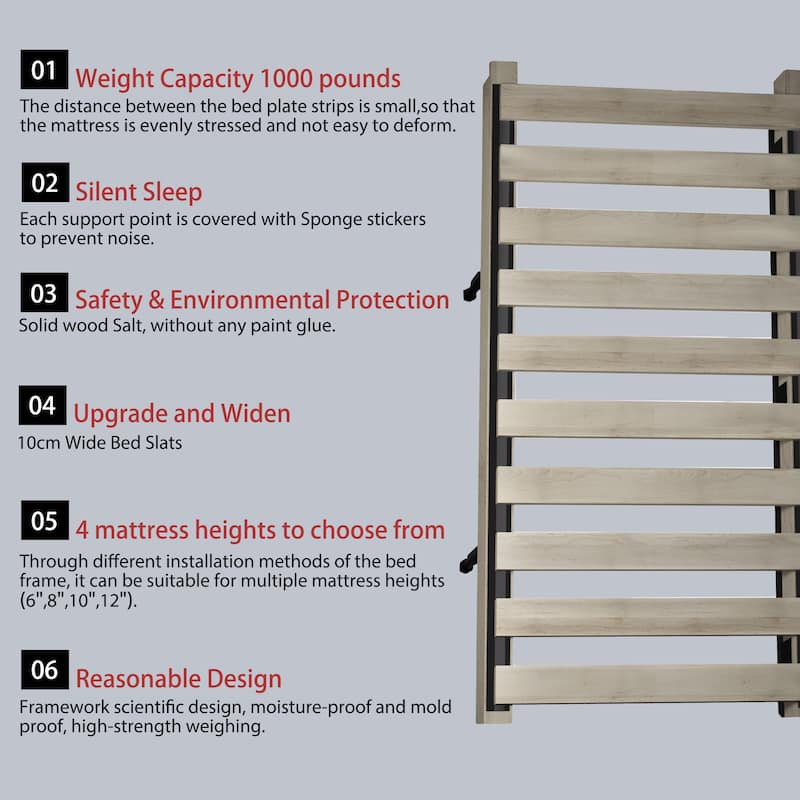 King Size Upholstered Bed Frame with Extra-Wide Cushioned Headboard, Solid Pine Slats & Adjustable Mattress Height