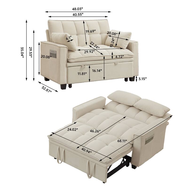 48.03" Pin Striped Fabric 3 in 1 Convertible 2 Seater Sleeper Sofa Bed