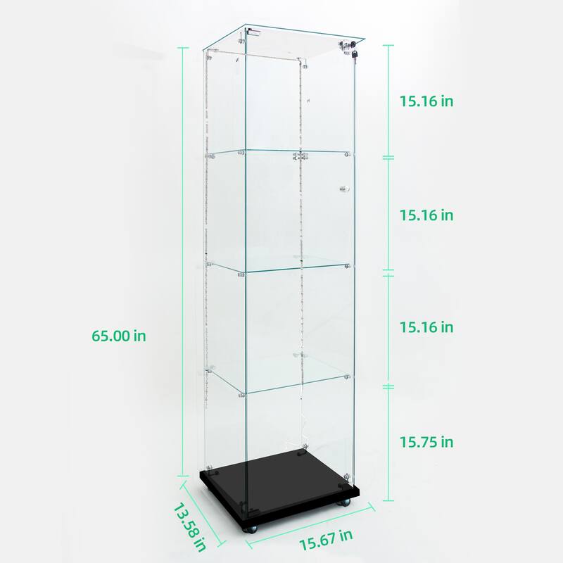 Tempered Glass Display Cabinet with Bluetooth LED Lights, Lockable Doors, Storage Shelves and Casters