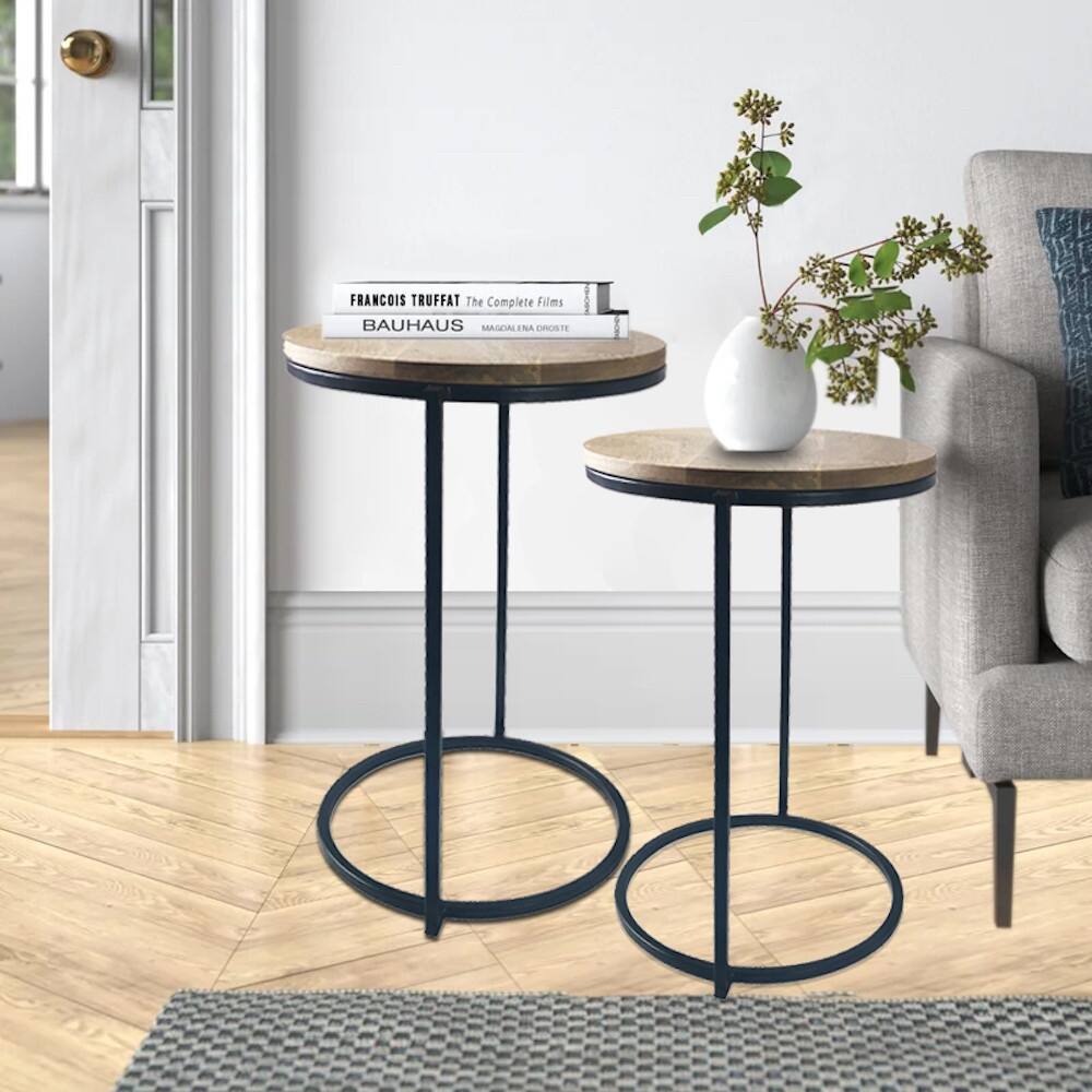 Set of Two Natural Wood and Black Geo Circle Nesting End Tables - 22" x 16" x 16"