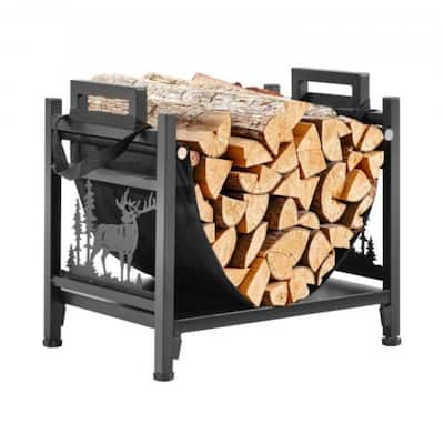 Black Portable Firewood Rack with Removable Canvas Carrier 1.5 ft Heavy-Duty Steel Construction - 17.72”L x 12.40”W x 16.34”H