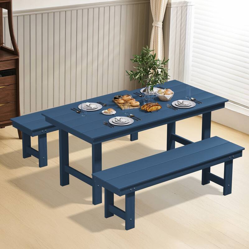 3-Piece HDPE Outdoor Dining Set with Umbrella Hole Table and Two 2-Person Benches