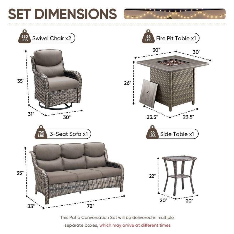 Pocassy Outdoor Propane Fire Table with Sofa Swivel Chair Table Funiture Set.