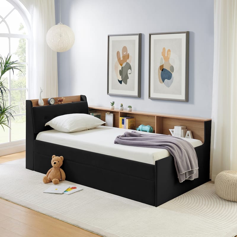 Twin Size Height Adjustable Day Bed with Headboard and Wireless Charging, Multi-functional Daybed with Trundle Bed & LED Lights