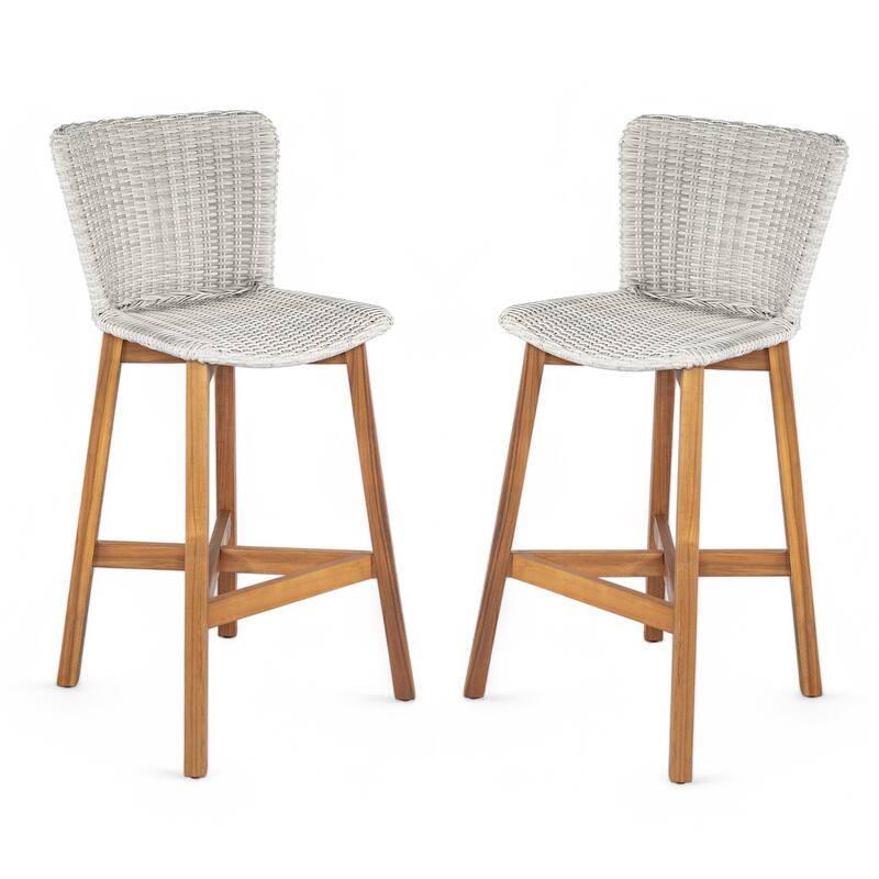 Roomfitters Lymington Outdoor Acacia Wood Barstools with Wicker Seat, Teak Finish and Light Brown Set of 2