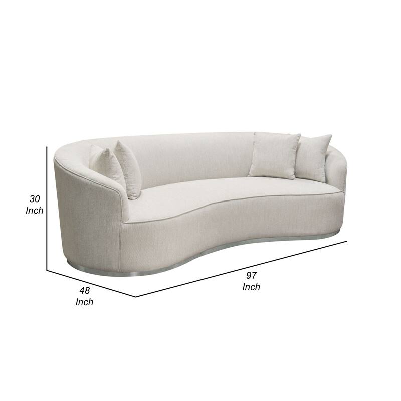 Riha Sofa, 97 Inch Retro Curved, 4 Pillows, Cream White Velvet, Brushed Gold Trim
