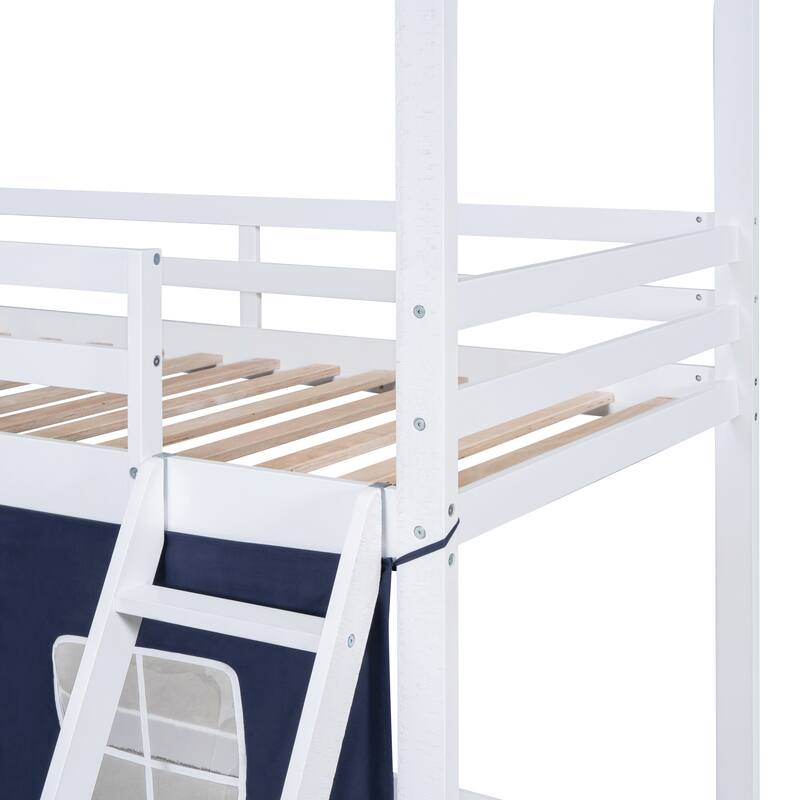 Twin Size Wooden Bunk Bed with Elegant Windows and Tent in Blue+White