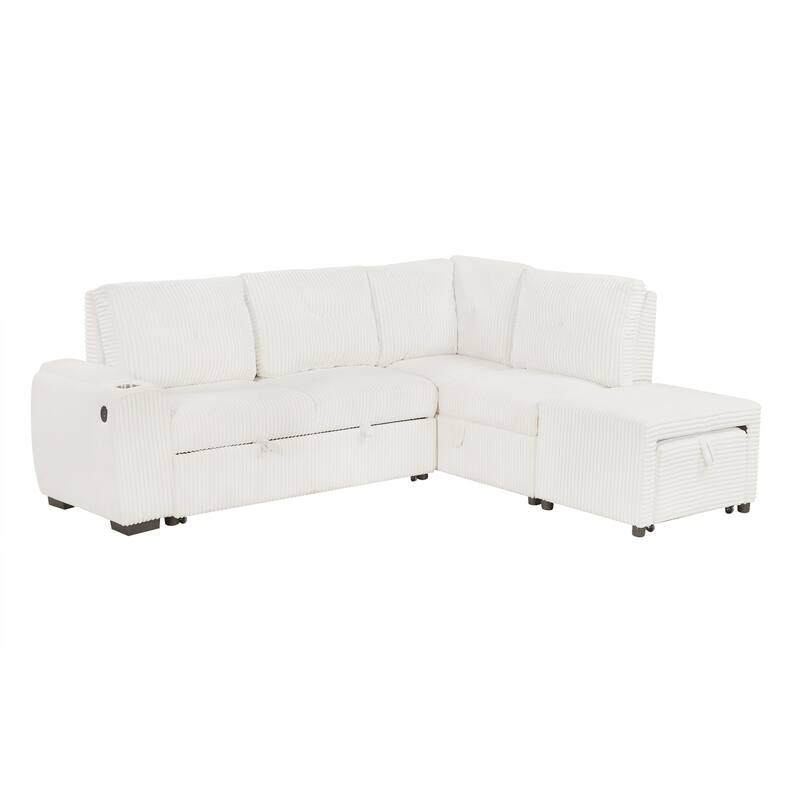 94" Creamy White Corduroy Sectional Pull-out Sofa Bed with Ottoman, Stool, Storage, Cup Holder & USB Ports