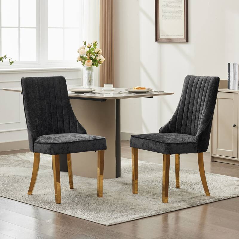 GDF Studio- Rayon Chenille Upholstered Dining Chair with Tufted Back & Golden Metal Base, Set of 2