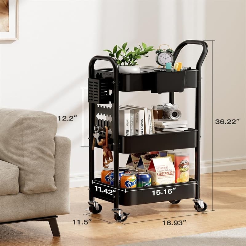 3-Tier Rolling Cart - 11.5"D x 16.93"W x 36.22"H