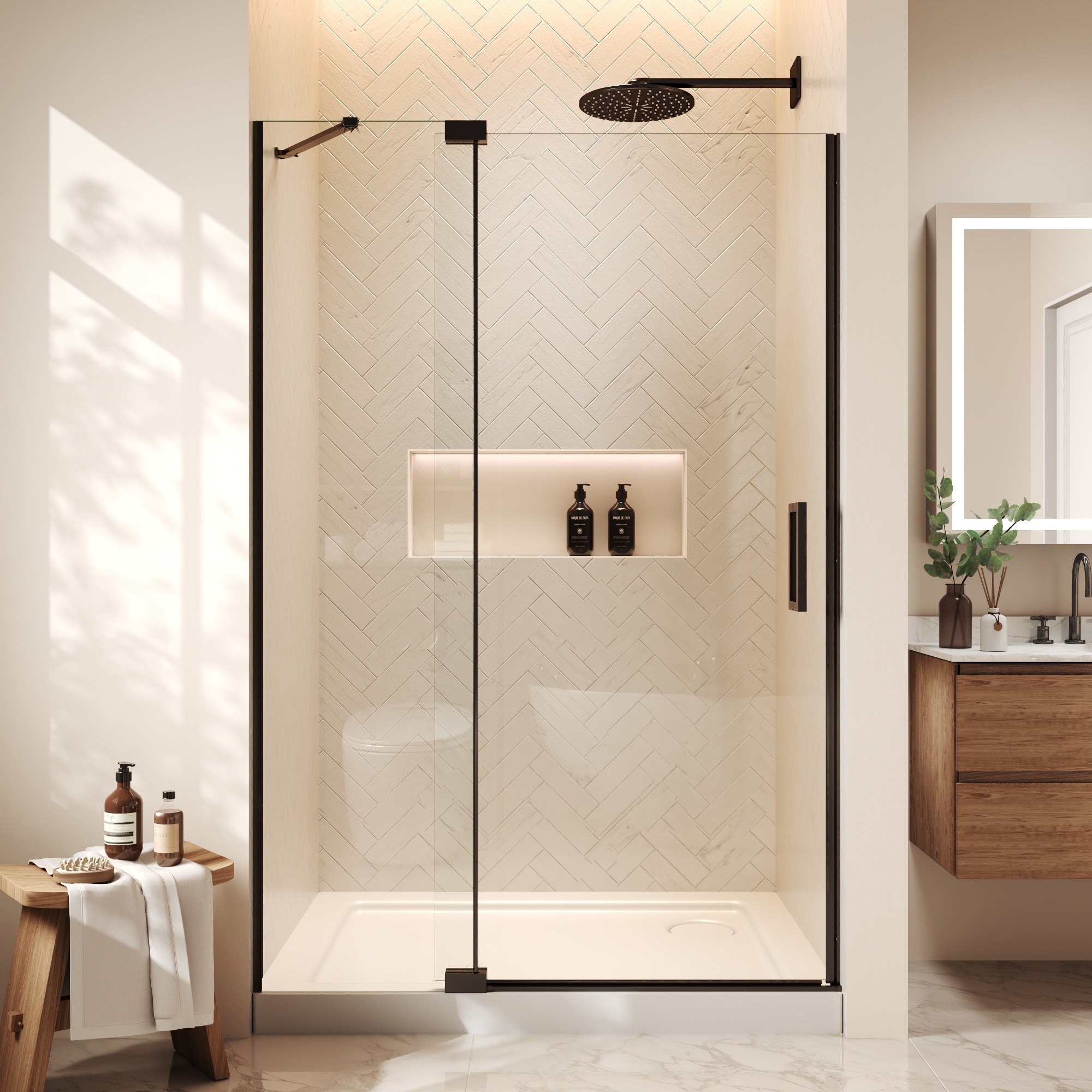 44-48''W x 70''H Semi-Frameless Pivot Shower Door, Trackless Reversible Design, 5/16 & 1/4 in. Tempered Glass, Black/Nickel.