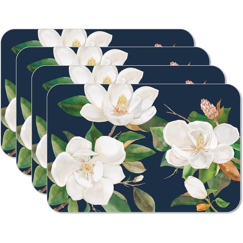 Magnolia in Bloom 4 Pack Reversible Easy Care Flexible Plastic Placemats Made in The USA BPA Free Easily Wipes Clean - multi - Set of 4