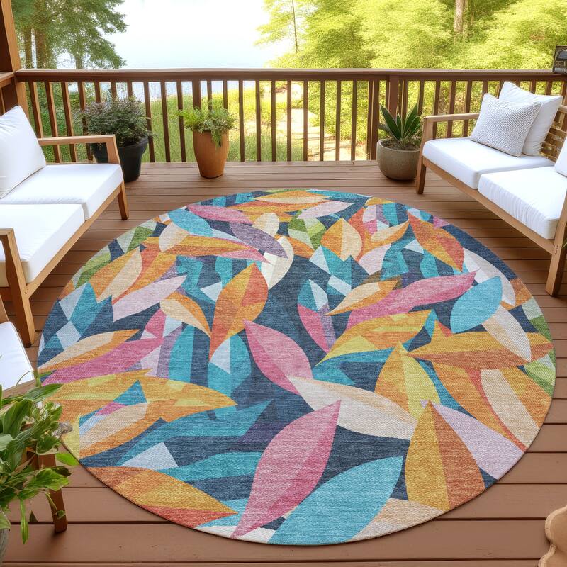 Machine Washable Indoor/ Outdoor Modern Floral Chantille Rug - Navy - 8' x 8'