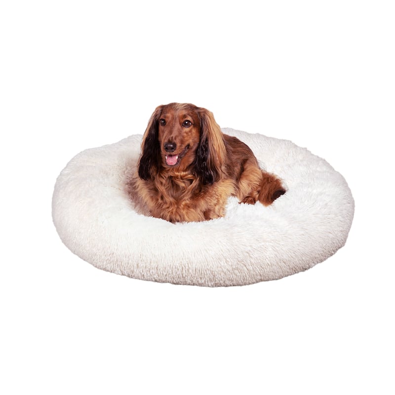 Maisie Bohemian Glam Faux Fur Round Fluffy Calming Donut Pet Bed with Washable Cover - Snow - 19 x 19 x 3.25