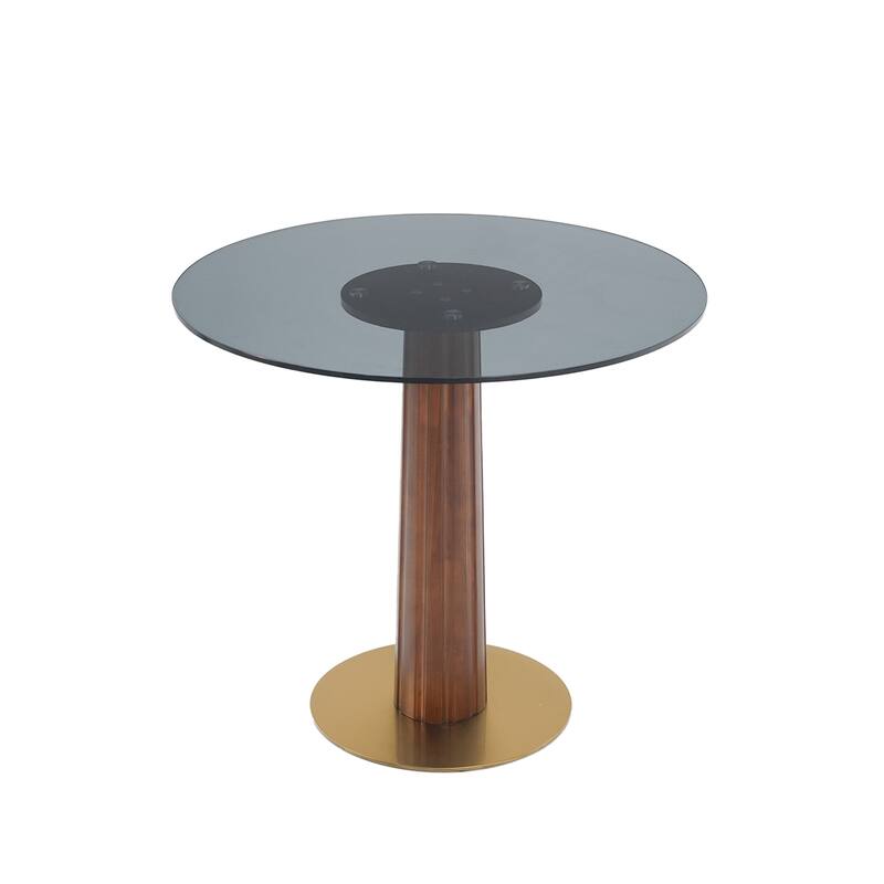 Modern Round Dining Table, 33.5" Tempered Glass Table with Wooden Leg & Gold Base, 2 - Person Kitchen Table for Small Space