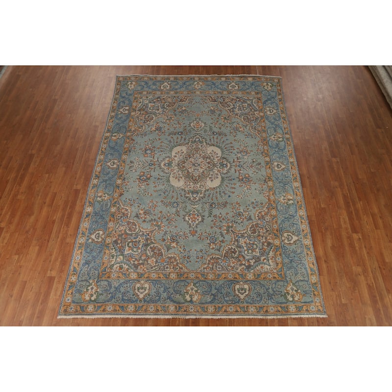 Light Blue Floral Tabriz Persian Rug Hand-Knotted Wool Carpet - 7'7"x 11'1"