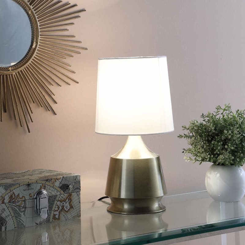 Brass Metal Small Bedside Lamp with White Linen Empire Shade - 7.25” x 7.25” x 14” (D x W x H)