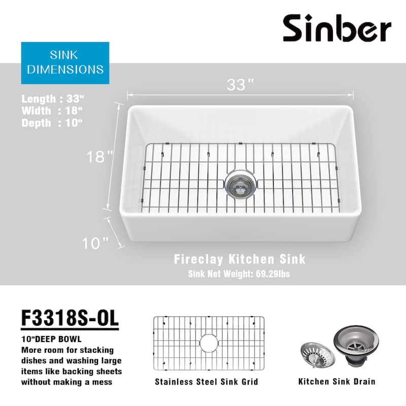 Sinber Farmhouse Apron Single Bowl Kitchen Sink with Fireclay White Finish