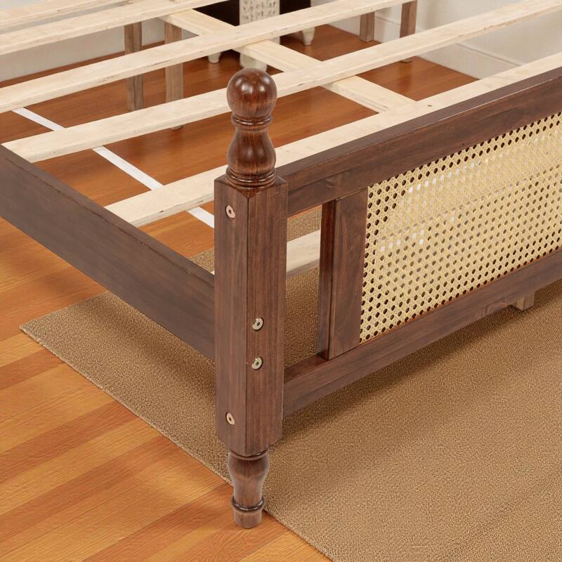 Queen/King Size Pine Wood Bed with Rattan Headboard and Footboard, Solid Frame with Central Support and Under-Bed Storage