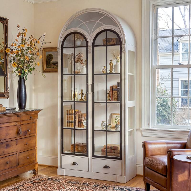 Arched Glass Door Display Cabinet with Iron Frame, Tall Curio Bookcase with Drawers, Farmhouse Storage Cabinet