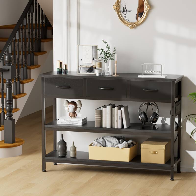 43.3" Console Table with 3 Fabric Drawers, Power Outlets & USB Ports