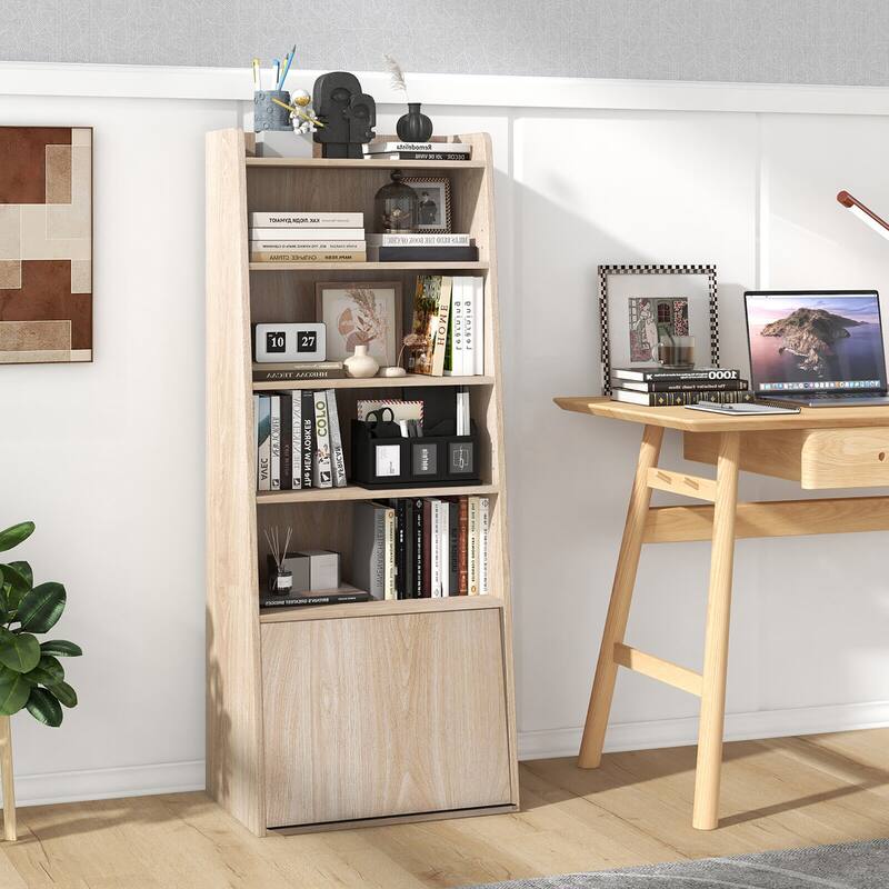 Gymax 6-tier Bookcase w/ 2 Adjustable Shelves Filp-up Door 5 Open