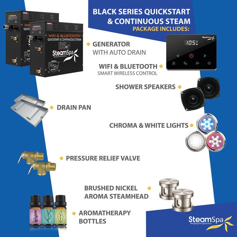 Black Series Steam Bath Generator with Fully Wireless Remote, BLUETOOTH, WIFI, and Auto Drain - 15 KW