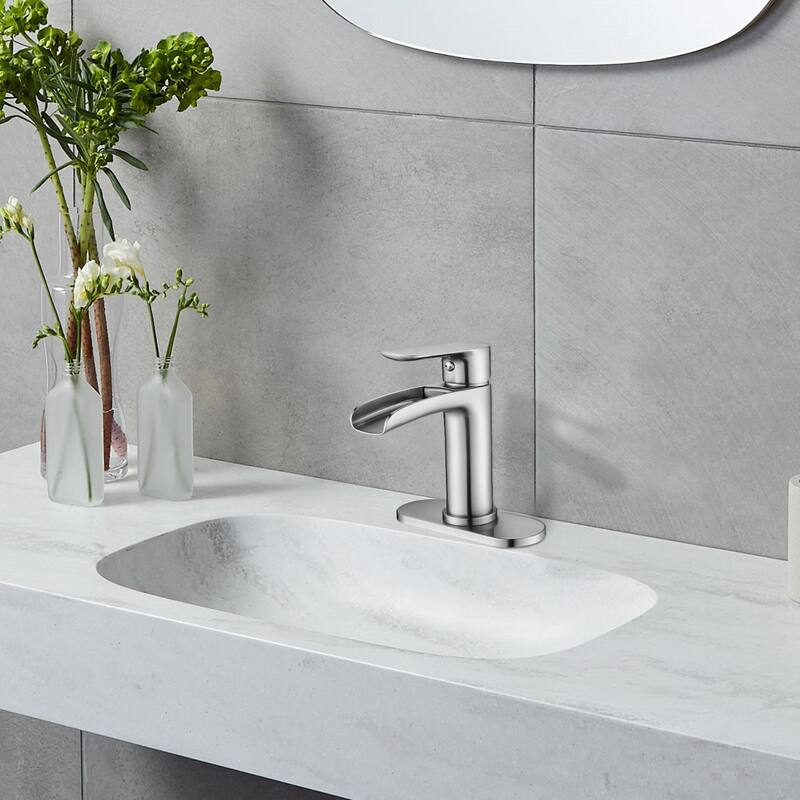 Waterfall Bathroom Faucet Single Handle Bathroom Sink Faucets 1 or 3 Hole Solid Vanity Faucet with Deck Plate & Overflow Pop