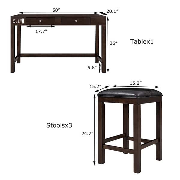 4-Piece Counter Height Table Set with Socket and Leather Padded Stools ...