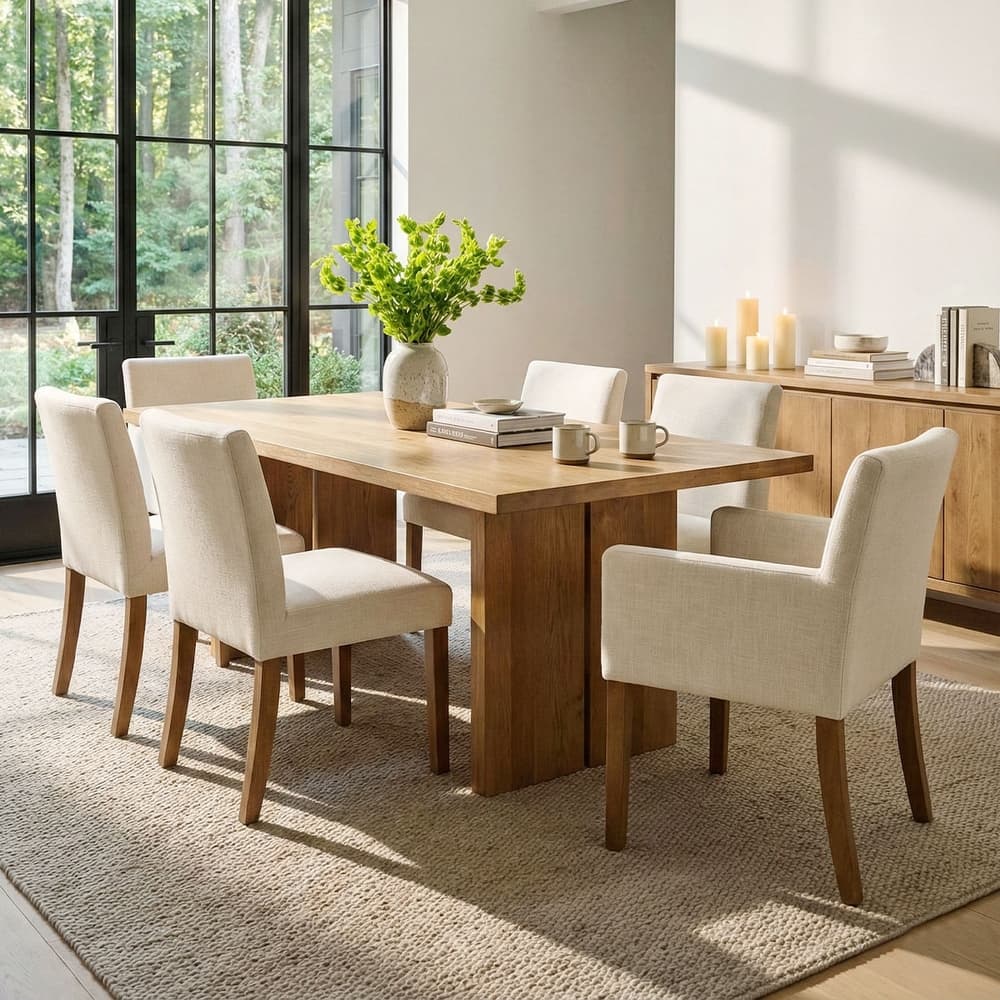 Linen Upholstered Armchairs with Wide Seat, High Back and Solid Wood Legs, Set of 6