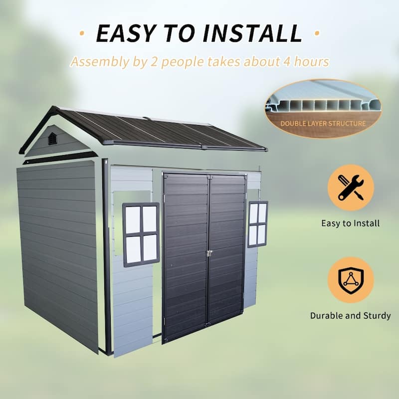 Patio Durable Steel Frame Resin Garden Shed with Floor and Lockable Door, 2 Windows