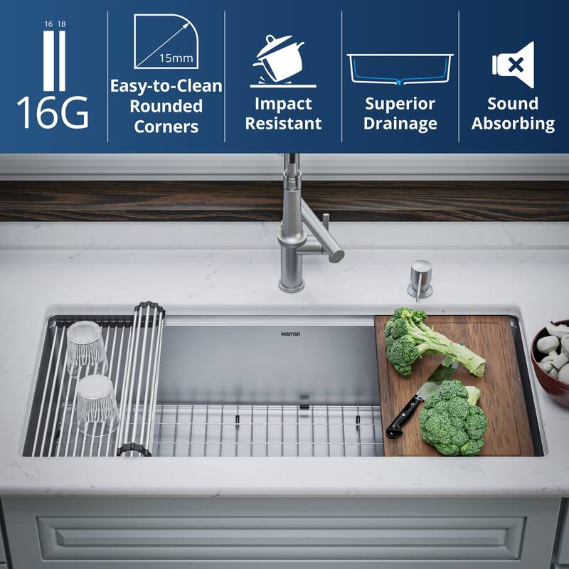 Karran Elite WS-39-PK1 Undermount 39" Single Bowl Stainless Steel Workstation Kitchen Sink