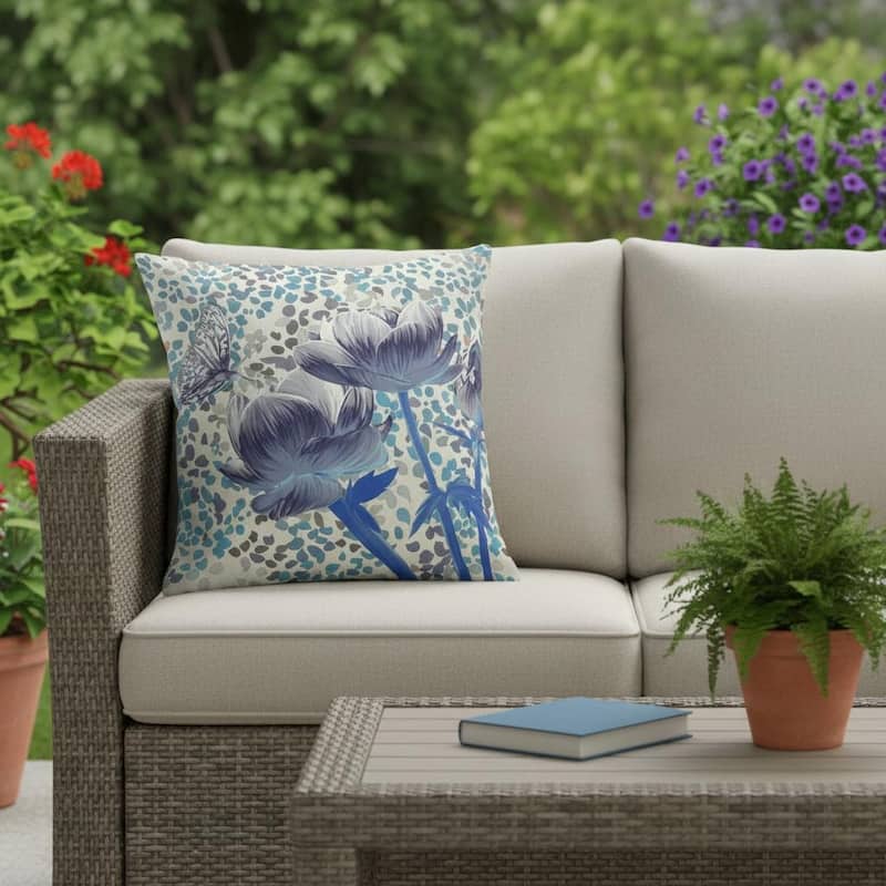 HomeRoots 26" x 26" Gray Butterfly Blown Seam Floral Indoor Outdoor Throw Pillow - 26.00' X '5.00' X '26.00 - Gray - 26.00' X '5.00' X '26.00