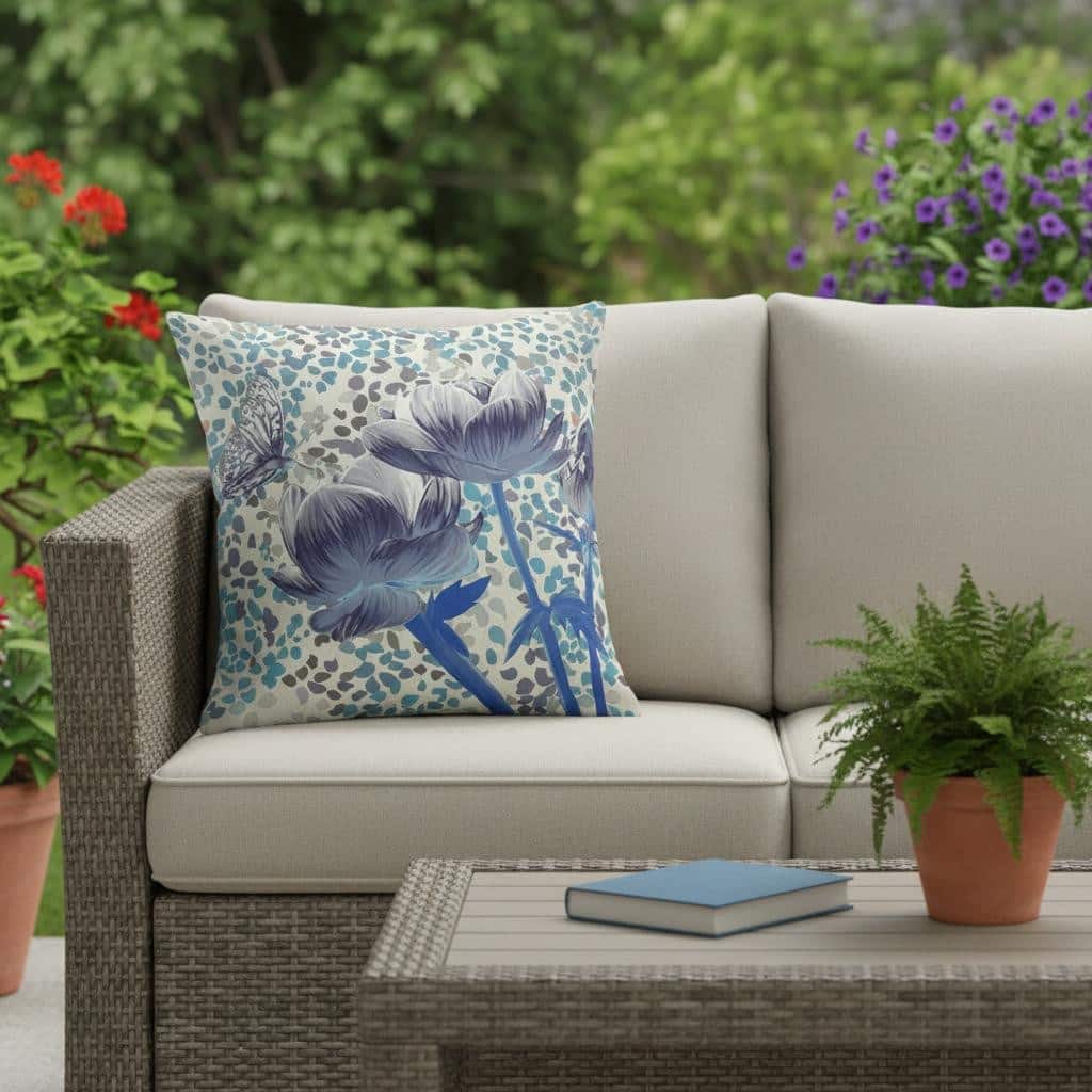 HomeRoots 26" x 26" Gray Butterfly Blown Seam Floral Indoor Outdoor Throw Pillow - 26.00' X '5.00' X '26.00