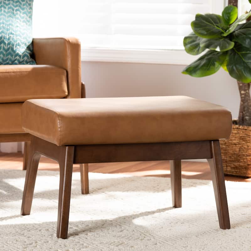 Bianca Mid-Century Walnut Finished Wood and Tan Faux Leather Ottoman