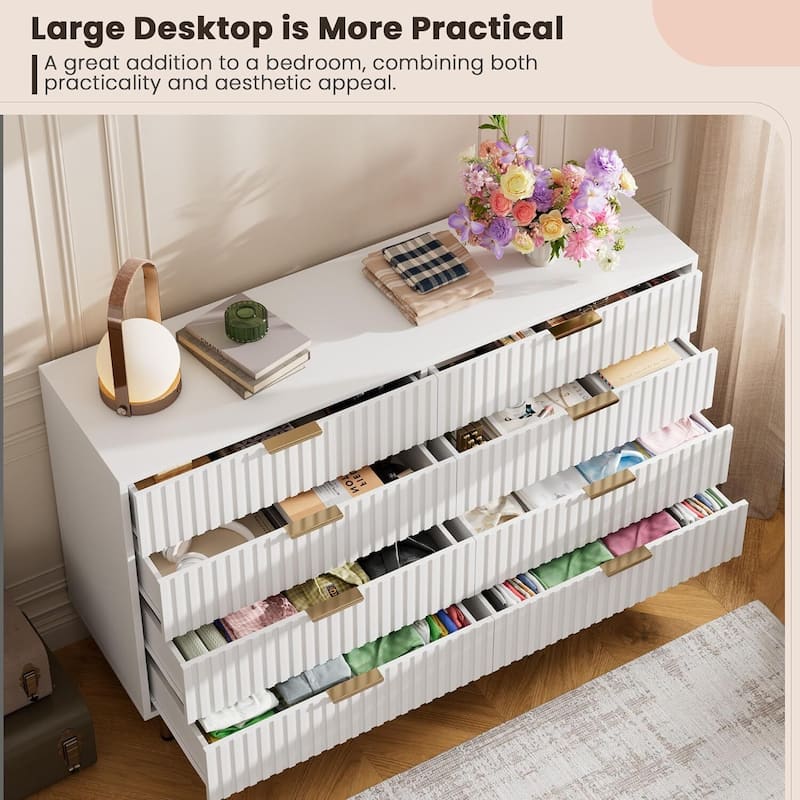 Fluted 8 Drawer Double Dresser for Bedroom, Living Room, Hallway