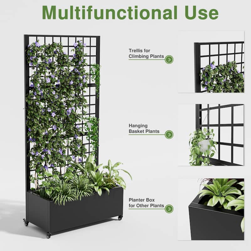Movable Raised Garden Bed with Trellis and Lockable Wheels - 71*35