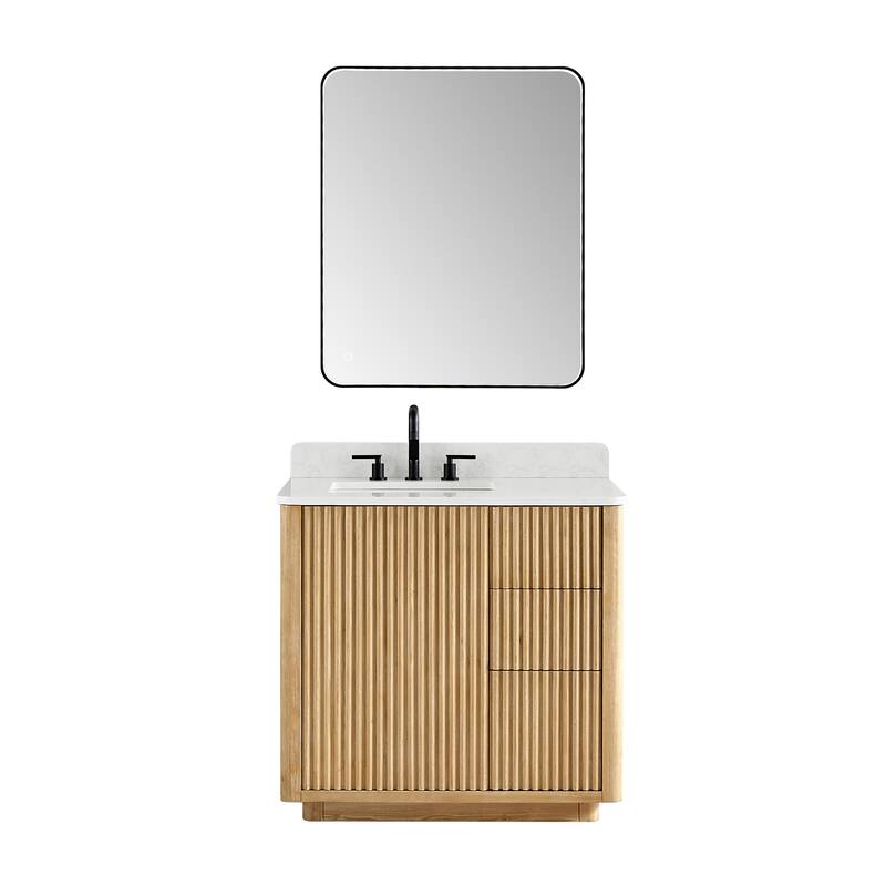 Clayton Bathroom Vanity in Washed Light Brown with Grain White Engineered Stone Countertop with Mirror